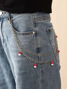 Mushroom Pant Chain, Chain Belts Aesthetic, Mushroom Fashion Aesthetic, Cool Clothing Accessories, Mushroom Dress Aesthetic, Cottagecore Assesories, Diy Pants Chain, Mushroom Clothes Aesthetic, Cute Mushroom Clothes