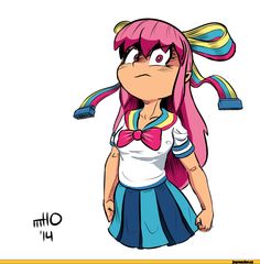 an anime character with pink hair wearing a rainbow colored bow tie and blue skirt, standing in