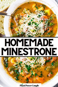 Overhead view of an Italian vegetable soup topped with vegan parmesan with text reading homemade minestrone Soup Olive Garden, Vegan Minestrone, Olive Garden Minestrone Soup, Vegan Minestrone Soup, Italian Vegetable Soup, Olive Garden Copycat, Minestrone Soup Recipe, Leafy Salad