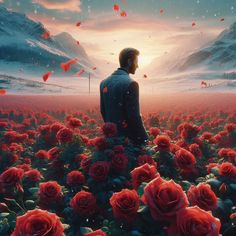 a man standing in the middle of a field full of red roses with mountains in the background