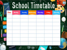 a blackboard with school timetables on it, including pencils and other items