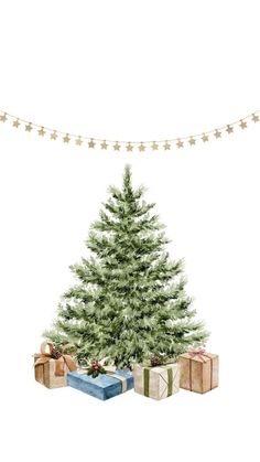 a watercolor christmas tree with presents under it and stars hanging from the top, on a white background