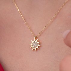 Our sunburst necklace is 14k solid gold. It has round zircon stones on it that look fascinating. It has a minimalist and dainty style. When considered as a gift, it will be a perfect gift that makes your loved ones happy on their birthday, mother's day, valentine's day, anniversaries, graduation, or women's day. 🎁 If you want, you can add a gift note for your loved ones. It arrives in a special jewelry gift box. ✨ We respond to your questions happily. Your question will be answered within 24 ho Elegant Starburst Necklaces For Gifts, Starburst Cubic Zirconia Jewelry Gift, Dazzling Gold Starburst Jewelry, Diamond Starburst Jewelry For Gifts, Starburst Diamond Jewelry As A Gift, Starburst Diamond Jewelry As Gift, Yellow Gold Starburst Necklace As Gift, Starburst Diamond Jewelry For Gift, Yellow Gold Starburst Necklace For Gift