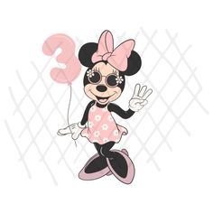 a cartoon minnie mouse with sunglasses and a pink bow on her head holding a balloon