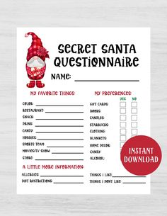 a printable santa question sheet with the words,'secret santa questions'on it