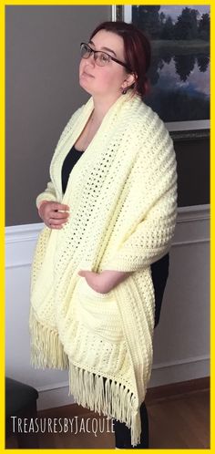 You will LOVE this beautiful crocheted lemon ice pocketed boho wrap!  You'll be warm and snuggly on those cool fall or spring evenings or those cold winter days.  Grab a good book, a cup of coffee or tea and snuggle up.   The beautiful varied and detailed stitching make this wrap a standout.  The light yellow lemon ice color makes it so it will go with anything in your wardrobe and the generous pockets make it so you can keep your phone and anything you need right there and accessible.  The fringed ends give it just the right pop too.  This beautiful wrap is a wonderful 71 inches long (81 inches with the tassels on the lemon ice) and 23 inches wide making it the perfect super cozy piece! Free shipping. Fall Wraps, Crochet Prayer Shawls, Lemon Ice, Prayer Shawl, Winter Shawl, Winter Days, Crochet Shawl, Winter Day, Shawls And Wraps