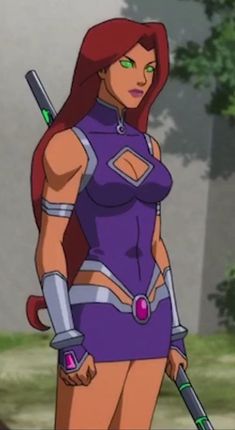 an animated image of a woman in purple with green eyes and holding a baseball bat