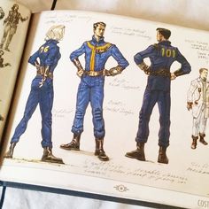 an open book with drawings of men's uniforms