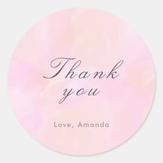 a pink thank you sticker with the words love, amanda on it