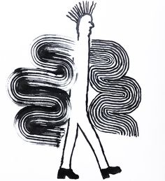 a black and white drawing of a woman walking with her hair blowing in the wind