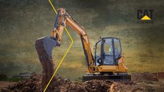 an excavator digging dirt in front of a building with the caption cat