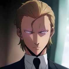 an anime character with blonde hair wearing a black suit and white shirt, staring at the camera