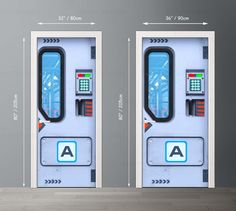 an open door showing the inside and outside of a machine with buttons on each side