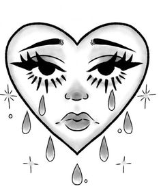 a drawing of a heart with tears and tears coming out of the eyes on it