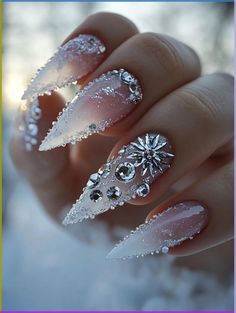 Cute Easy Nail Art Designs For beginners $ #Nails Ideas #Nails Inspiration Acrylic #Nails Latina Snow And Ice Nails, Ice Sickle Nails, December Stilleto Nails, Winter Encapsulated Nails, Icy Blue Winter Nail Designs, Almond Nails Winter Design, Frosty Nails Acrylic, Winter Glitter Nails Acrylic, Ice Princess Nails