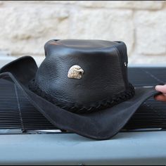 Braided Original Cowhide Standard Us Sizes Black Leather Hat For Outdoor, Black Leather Hat With Flat Brim, Black Leather Flat Brim Hats, Black Leather Wide Brim Hat, Black Biker Cap, Black Leather Hat Bands For Outdoor, Black Leather Hat Band For Outdoor, Black Flat Brim Top Hat For Outdoor, Western Cowboy Hats