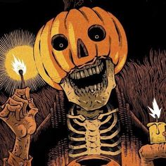 a skeleton holding a lit candle in front of a jack - o'- lantern