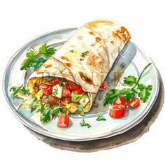 a watercolor painting of a burrito on a plate with tomatoes and lettuce