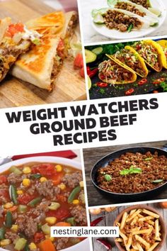 the cover of weight watchers'ground beef recipes, with pictures of different foods