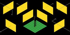 an image of some yellow and green shapes on a black background with arrows pointing in different directions