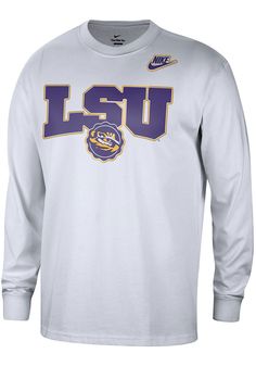 Show off your team pride in this LSU Tigers White Campus Fanwear Max90 Long Sleeve T Shirt! This LSU Long Sleeve Tee features a team name and seal on front chest with Nike swoosh on left chest. Make sure everyone knows you root for the Tigers with this White LSU T Shirt. Fight, Tigers! Fit: True to Size, 50%  COTTON / 50% POLYESTER, Machine wash cold Nike Tees, Tiger T Shirt, Nike Store, Lsu Tigers, Team Names, White Style, Nike Men, A Team, Fun Sports