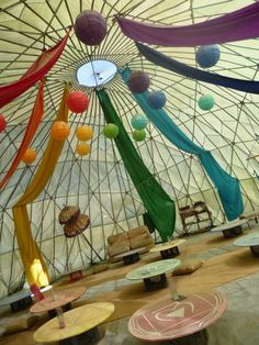 the inside of a yurt with colorful decorations