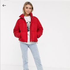 Nwot New Look Red Puffer From Asos Short Puffer Jacket Outfit, Red Puffer Jacket Outfit, Ireland Winter, Puffer Jacket Outfits, Red Outfits For Women, Red Puffer Coat, Puffer Jacket Outfit, Red Puffer Jacket, Short Puffer Jacket