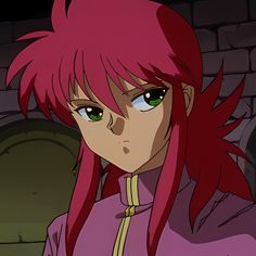 an anime character with pink hair and green eyes