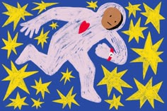 a child's drawing of a man in space surrounded by stars