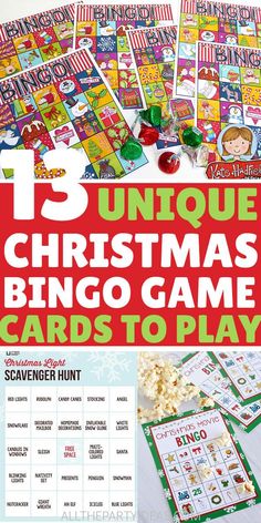 christmas games and activities for kids to play on the table with text overlay that reads 15 unique christmas game cards to play