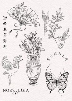 an ink drawing of flowers and butterflies with the words nostalgia written in chinese