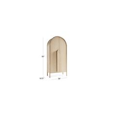 the measurements for a wooden cabinet with an arched top and bottom section, including one door