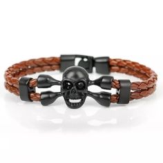 Brown Braided Leather Bracelet With Black Metal Skull Brand Pop, Metal Skull, Bold Accessories, Diamond Eyes, Skull Bracelet, Braided Leather Bracelet, The Skull, Mens Leather Bracelet, Black Skulls