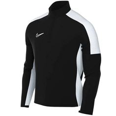 Nike Men Dri-Fit Academy 23 Drill Top Black-White (Front) Black Activewear For Training With Team Name, Black Team Spirit Activewear For Training, White Team Spirit Activewear For Sports, Breathable Team-colored Activewear For Training, Sportswear Activewear For Training, White Team Spirit Activewear For Training, Nike Technical Activewear For Training, Functional Team-colored Activewear For Sports Events, Black Outfit Men