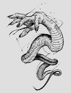 a black and white drawing of a hand holding a snake