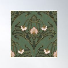 an art nouveau wallpaper with flowers and swirls on green background, in shades of pink