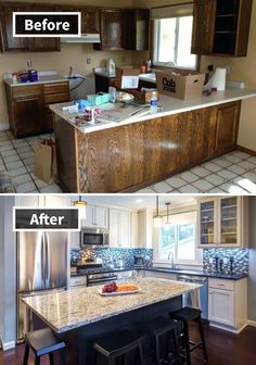 two pictures show the same kitchen in different stages of being remodeled and remodeled