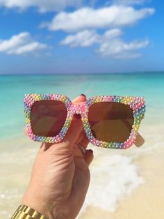 The most extra sunnies of all sunnies. So fun for any party, concert, birthday girl, or event....and if you're like me, just to wear everyday bc they're amazing!  Pricing reflects grade A products and supplies but also the amount of time it takes to glue teeny rhinestones to these sunglasses one at a time. Crystal Jelly, Rainbow Sunglasses, Birthday Accessories, Festival Birthday, Rhinestone Sunglasses, Concert Festival, Birthday Girl, Accessories Sunglasses, Eyewear Sunglasses