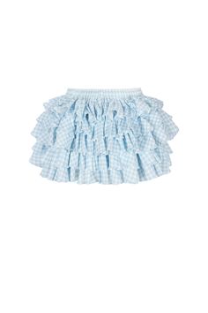 Add volume and pizazz in the Blue Gingham Versailles skirt, a delightful open-front ruffle tiered skirt crafted from seersucker cotton. The soft, baby blue gingham conjures images of idyllic American picnics and the cool, carefree vibe of the British Mod scene, where trendsetters like Twiggy and Mary Quant made the print their own. Style with the Blue Gingham Babydoll Bikini Top and Dauphine Knickers to complete the look.  Crinkle seersucker cotton tiered open-front ruffle skirt cover up  Ties at front To ensure the best fit, measure your across bust and high waist before ordering and steam for optimal beauty. Alyson is 5’7.5” and wearing a size XXS in Selkie. Her measurements are 33.5” bust, 24” waist, 34” hip.  Fabric: 98% Cotton, 2% Spandex Designed and fit in LA, Made in partnership wi Blue Ruffle Skirt, White Ruffle Skirt, Silk Dressing Gown, Mary Quant, Corset Skirt, Skirt Coverup, Fairy Clothes, Puff Dress, Knitted Coat