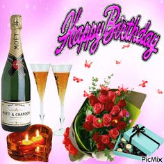 a happy birthday card with roses and champagne