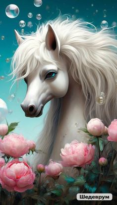 a painting of a white horse surrounded by pink flowers and bubbles with water droplets floating around it