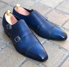 Shoes Size: US 8.5 Navy Blue Dress Shoes, Blue Dress Shoes, Double Monk Strap Shoes, Monk Shoes, Quality Leather Boots, Double Monk Strap, Custom Design Shoes, Bespoke Shoes, Monk Strap Shoes