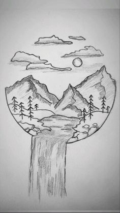 a drawing of a waterfall with trees and mountains in the background