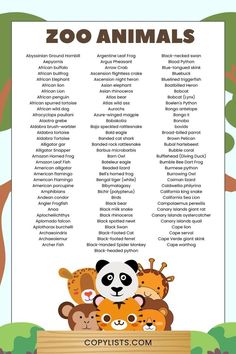 a list of zoo animals with a cartoon collection of animals including a panda, monkey, giraffe, leopard and lion. Atlas Bear, African Bullfrog, Ground Hornbill, Animals List, Cat Shark, Kinds Of Animals, Blue Tongue Skink, African Buffalo, List Of Birds