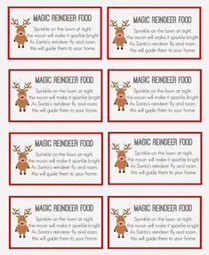 reindeer food labels with the words magic reindeer food on them and instructions for how to use them