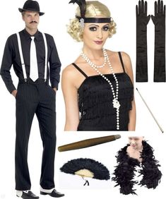 a man and woman dressed up in flappers, hats, gloves and garb