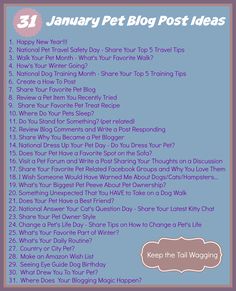 the 31 january pet blog post ideas list is shown in purple and blue with text overlay