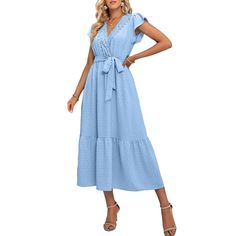 Light Blue V Neck Tie Waist Casual Dress Blue Belted V-neck Maxi Dress, Blue Belted Dress For Beach, Blue Belted Beach Dress, Blue Belted Dress For The Beach, Blue Short Sleeve Belted Midi Dress, Blue Belted Midi Dress With Short Sleeves, Blue Belted Short Sleeve Maxi Dress, Casual Blue Belted Maxi Dress, Casual Blue Belted Dress