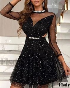 Fisdy - Elegante vestido de fiesta con malla en contraste, dobladillo de volantes y estampado de lunares Mesh Overlay Dress Black, Mesh Party Dress, Sparkly Mini Dress, Long Sleeve Mesh Dress, Mesh Overlay Dress, Polka Dot Party, Mesh Overlay, Mesh Long Sleeve