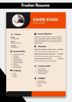 an orange and black resume is shown in this graphic design file, with the title'fresher resume sahib khan '